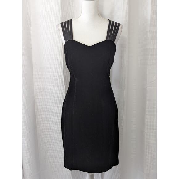 ONE + ONE! BLACK STRETCH VELVET, QUAD RIBBON WOVEN BACK, STRAPS DRESS! SZ 8 - Picture 4 of 10